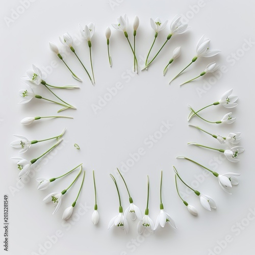 Snowdrop Flowers Arranged in Circle, Spring, White Background, Floral, Greeting Card