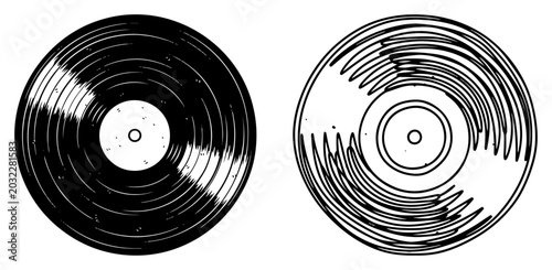 Quadro em tela Vinyl record disc pair with grooved texture in vintage hand drawn style