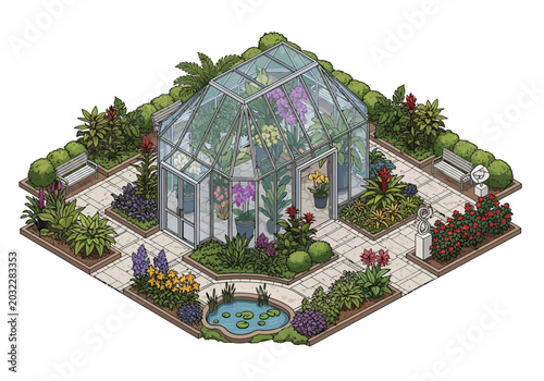 Photography Isometric illustration of a beautiful botanical garden with a glass greenhouse