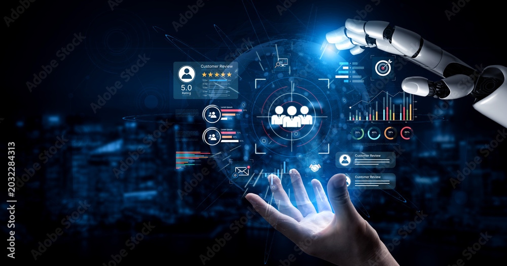 Obraz premium An AI assistant manages a CRM dashboard for customer data analysis. This smart system conducts market research to identify the target audience and analyze user feedback. Fermion
