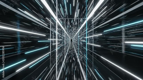 A futuristic tunnel with glowing blue and white lines speeding through a dark technological environment.