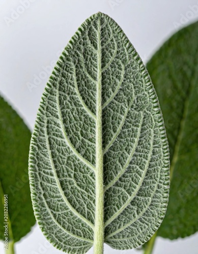 Macro closeup of sage leaf with fuzzy texture and prominent veins, culinary herb for wellness, aromatherapy and organic herbal medicine
