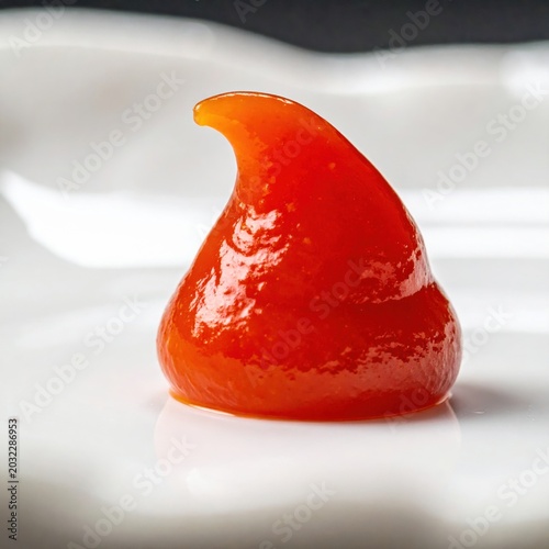 A single swirl of bright orange sauce or ketchup on a white plate, condiment texture, food photography, cooking ingredient, garnish, plating details