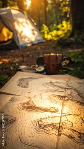 Topographic map on ground at campsite with tent and compass, wilderness navigation and outdoor travel planning, adventure hike, route exploration