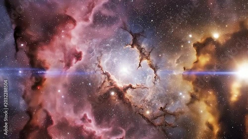 A stunning astronomical scene depicts a bright star shining within a vibrant nebula filled with swirling gas and cosmic dust in deep space.
