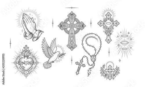 Fotografie Vintage Christian religious symbols set featuring praying hands, Celtic cross, s