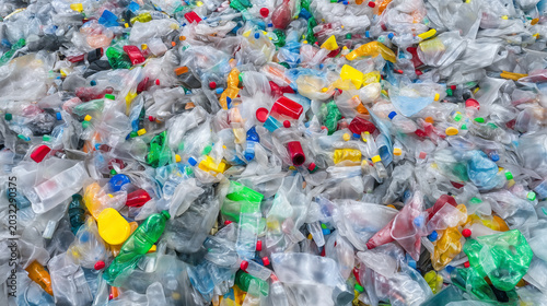 Massive pile of mixed plastic waste and bottles for recycling, environmental pollution, landfill problem, waste sorting, circular economy and sustainability awareness concept plast