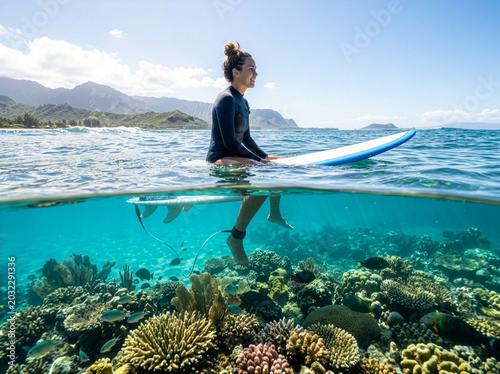 Female surfer sitting on her surfboard split shot showing a vibrant coral reef underwater