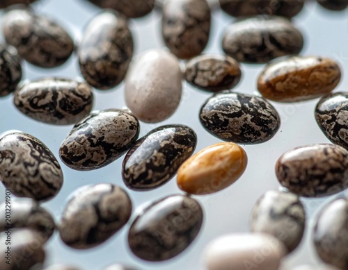 Macro closeup of scattered chia seeds showing speckled texture and organic oval shapes, healthy superfood nutrition for recipes and diet