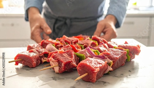 Chef preparing fresh raw beef meat skewers with bell peppers and onion on kitchen counter, home cooking, BBQ preparation, culinary hobby