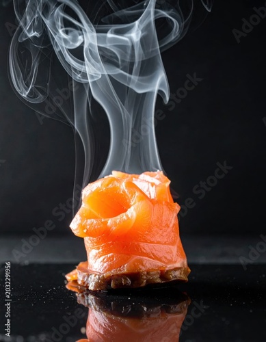 Fresh smoked salmon slice curled on a black surface with rising aromatic smoke, culinary delicacy, food photography, gourmet appetizer plating