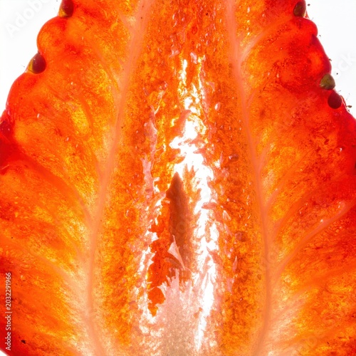 Macro closeup of vibrant sliced strawberry revealing intricate seed texture and juicy pulp, perfect for healthy food advertising and culinary backdrops