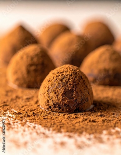closeup of gourmet chocolate truffles dusted with cocoa powder, rich decadence for luxury confectionery desserts, sweet treats, holiday gifts