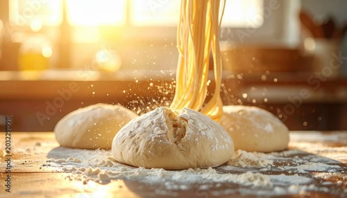Fresh dough balls with falling pasta noodles and flour dusting in warm backlit rustic kitchen, cooking preparation, homemade bakery and culinary craft
