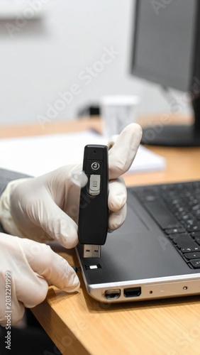 gloved hand inserting usb flash drive into laptop port for cybersecurity investigation, digital data forensics, hardware security audit, secure access