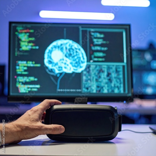 Close up of person hand holding vr headset with medical brain scan and programming code on monitor screen, digital health research and simulation