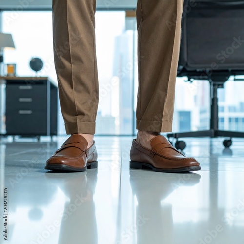 Low angle view of businessman legs wearing brown leather loafers and trousers standing in modern office, professional attire, corporate style