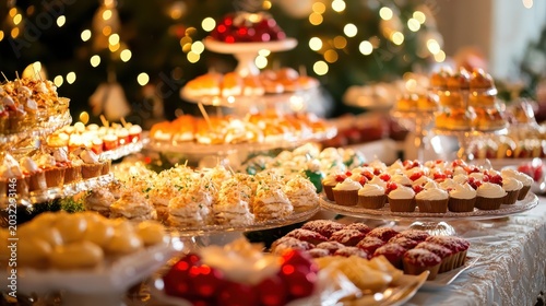 A festive Christmas dessert table laden with an abundant selection of colorful, decorated holiday sweets and appetizers, perfect for any celebratory gathering.