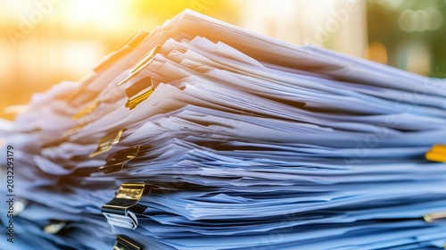 A stack of legal documents and regulatory paperwork secured by clips, suggesting compliance and official record-keeping under bright daylight.