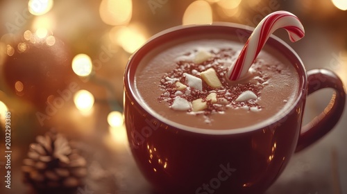 A warm cup of Christmas cocoa with a candy cane stirrer and marshmallows, nestled amongst festive bokeh lights