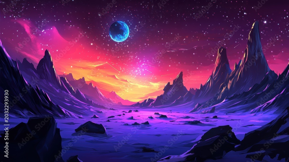 Fototapeta premium Alien planet landscape under a vibrant star-filled cosmic sky with a glowing moon