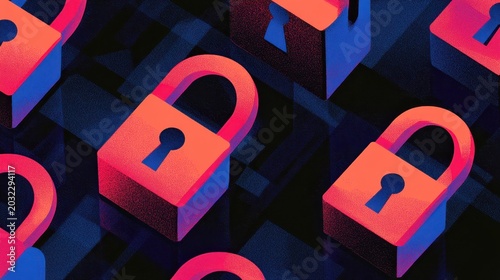 Boldly colored digital locks safeguarding data in a dark, complex network, symbolizing cybercrime prevention.