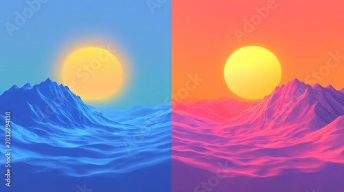 Duality of the sun: Vibrant sunrise and sunset over stylized mountains and ocean with warm light