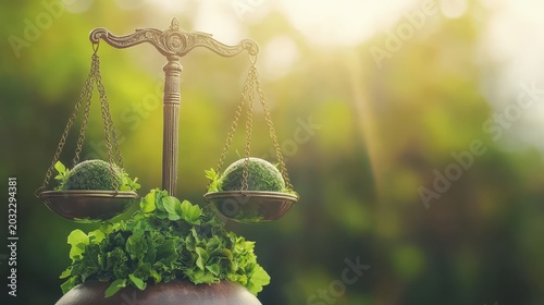 Environmental Justice and Law Represented by Scales Balancing Nature and Policy in Sunlight