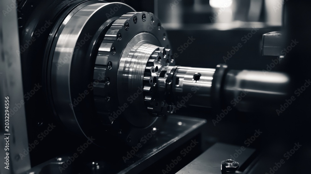 Fototapeta premium Close-up view of complex industrial machinery with gears and reflective surfaces in a manufacturing environment.