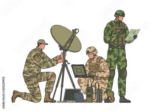 Canvastavla Military soldiers communicating tactical strategy using satellite equipment, field devices