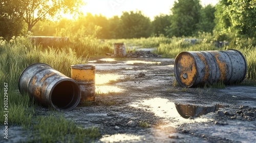 Discarded Hazardous Chemical Barrels in a Secluded Outdoor Area Under Late Afternoon Sunlight