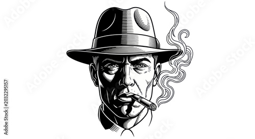 Vászonkép Retro Detective Smoking Cigar, Noir Style, Man in Fedora Hat