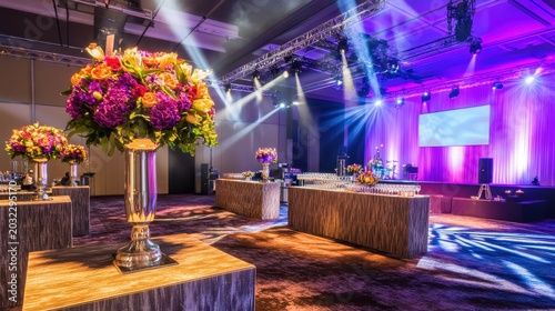 Elegant Modern Event Venue with Dramatic Lighting and Floral Decor for Celebrations