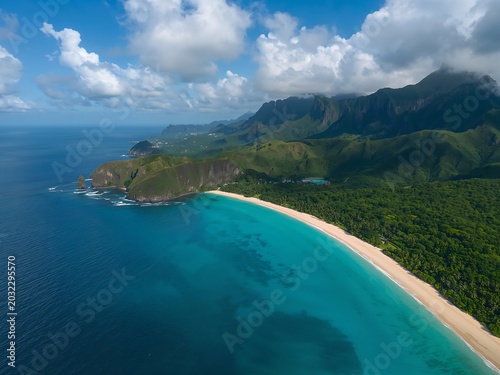 Generative AI captures a scenic aerial view of lush green coastal landscape with azure waters and