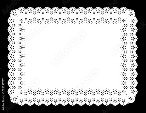 Vintage Eyelet Lace Doily Rectangle Place mat, white on black. Decorative scallop border and stencil, copy space for pictures, albums, scrapbooks, journals, holidays, setting table,  cake decorating. 