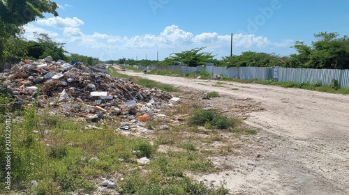 Illegal dump site with mixed materials and makeshift barriers in bright daylight