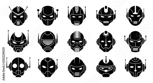 Quadro su tela Collection of Sci-Fi Robot Helmets and Futuristic Masks Icons
