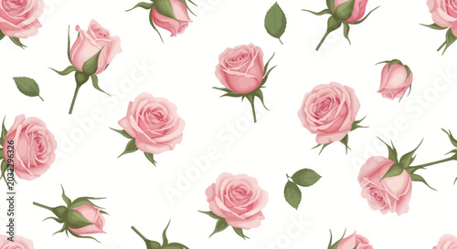 Pink Roses Seamless Pattern, Delicate Floral Background with Blossoms and Leaves
