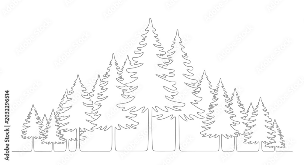 Obraz premium Minimalist continuous line drawing of a pine forest, nature landscape graphic