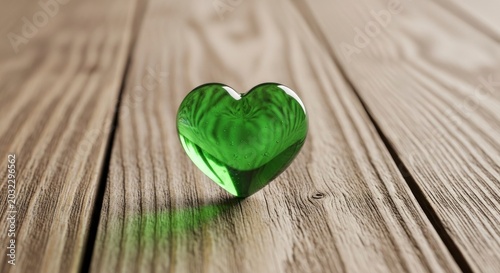 Vibrant Green Glass Heart Casting a Verdant Glow on a Rustic Wooden Surface.