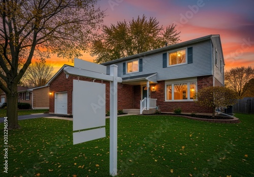 Charming Suburban Home for Sale Under a Dramatic Twilight Sky.