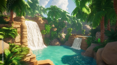 Lush tropical landscape featuring cascading waterfalls into crystal-clear turquoise pools surrounded by vibrant greenery and rocky formations.