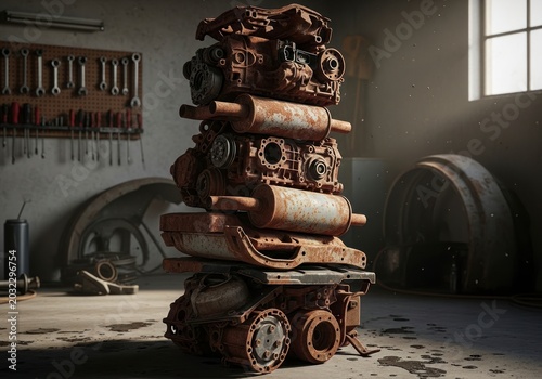 Industrial Totem - A Precarious Sculpture of Rusted Car Parts in a Dimly Lit Workshop.