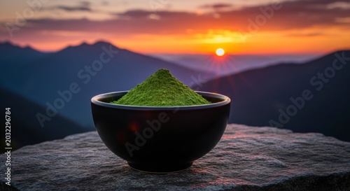 Serene Mountain Sunrise Ritual with a Bowl of Vibrant Matcha Powder on Stone.