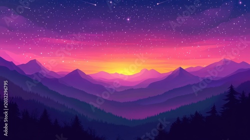 Majestic mountain ranges under a starry universe with a vibrant gradient twilight sky