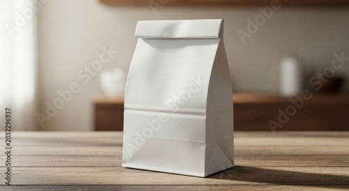 Sunlit Minimalist White Paper Bag Mockup on a Wooden Table for Branding.