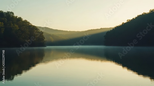 Peaceful lake reflecting misty hills at dawn during golden hour with serene natural light