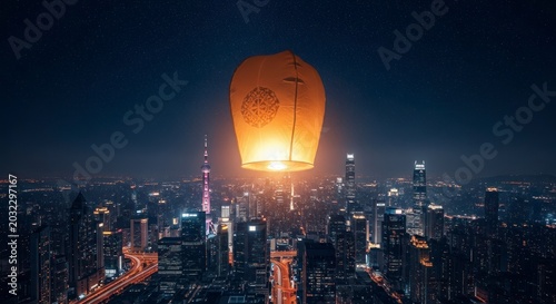 A Luminous Wish Lantern Ascends Majestically Over a Dazzling Urban Nightscape.