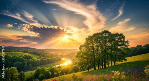 Majestic Sunrise Over a Lush Valley, with Golden Sunbeams Illuminating a Winding River.