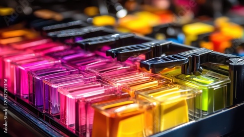 Row of Vibrant Ink Cartridges in a Full Spectrum of Colors Arranged Neatly
